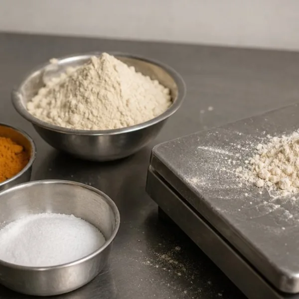 Penimbangan premiks: bubuk basis, garam, dan kunyit dalam mangkuk stainless