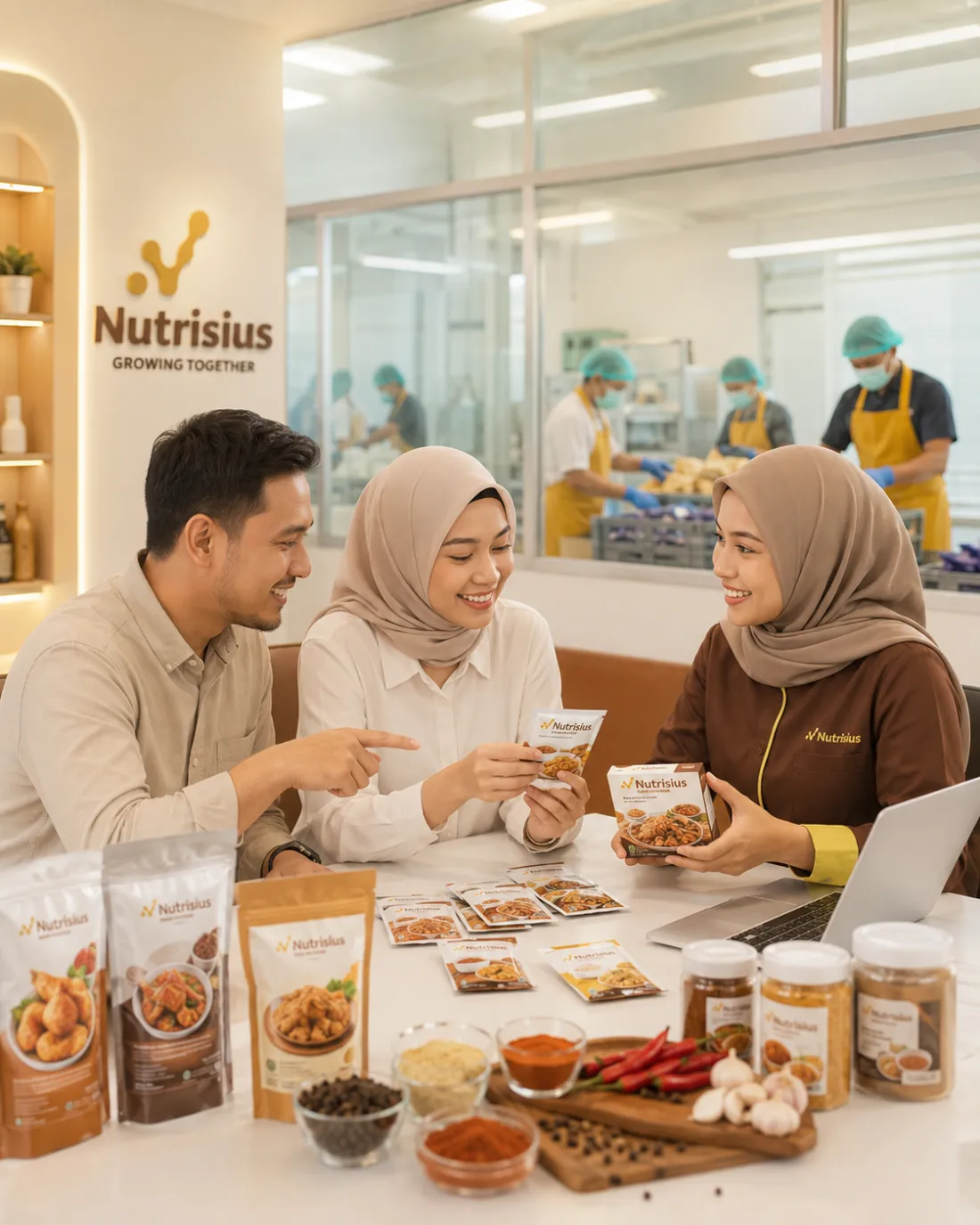 Tim Nutrisius berdiskusi dengan pemilik brand di meja berisi sampel bumbu, kemasan, dan rempah, dengan ruang produksi di balik kaca