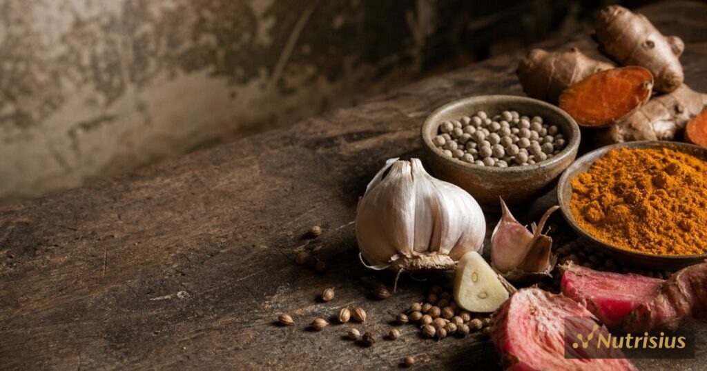 Pilihan bawang putih, lada, ketumbar, kunyit, dan jahe untuk pengembangan bumbu lokal.