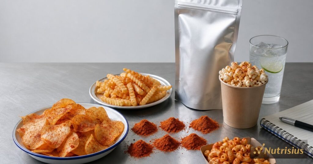 Aneka snack pedas dengan enam varian bumbu tabur sambal dalam satu bingkai.