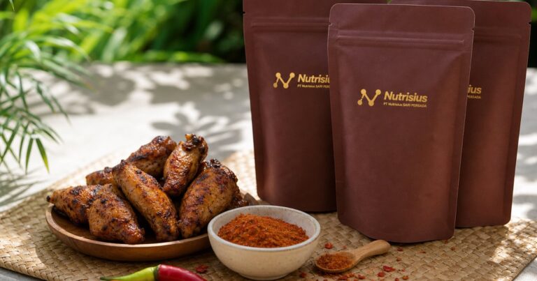 Pouch bumbu bbq rub lokal di samping sayap ayam panggang dan mangkuk bumbu.