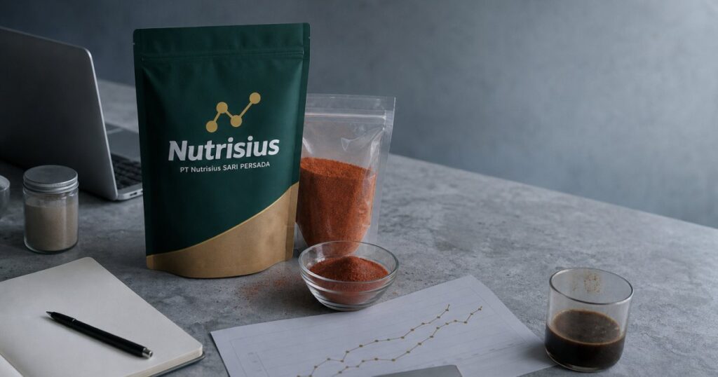 Meja kerja menampilkan sampel bumbu korean spicy, pouch, grafik penjualan, dan kalkulator.