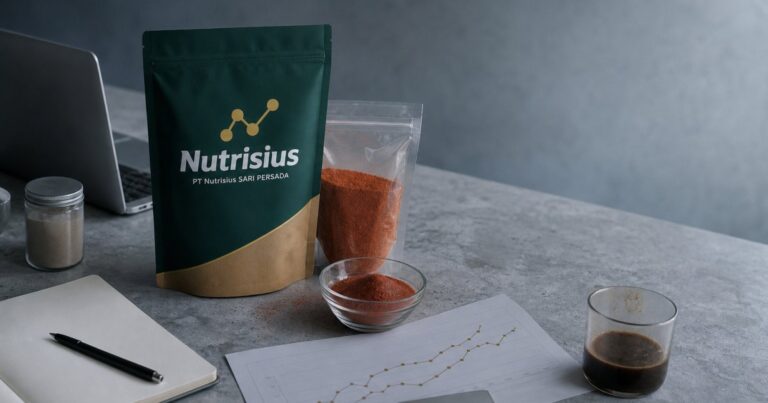 Meja kerja menampilkan sampel bumbu korean spicy, pouch, grafik penjualan, dan kalkulator.