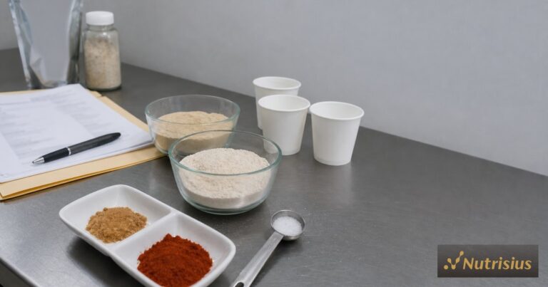 Meja pengembangan bumbu rendah natrium dengan sampel formula dan dokumen registrasi buram.