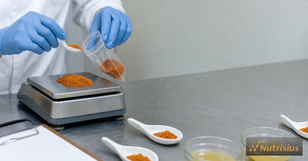 Petugas QC membandingkan sampel bumbu bubuk dengan checklist di meja stainless klinis.