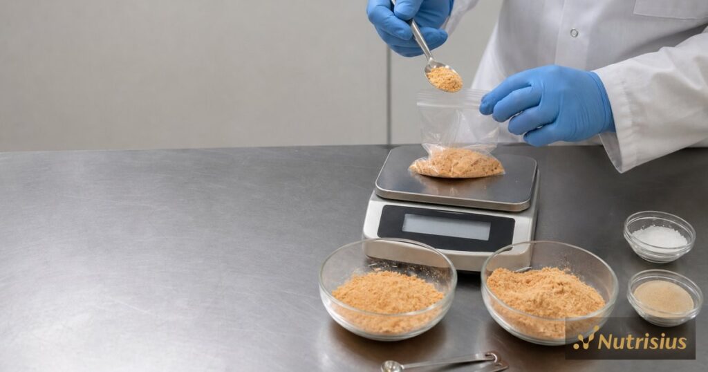Teknolog pangan membandingkan dua formula bumbu rendah garam di meja stainless klinis.