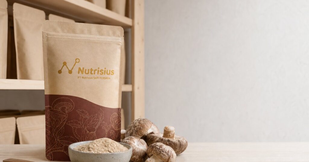 Pouch kaldu jamur bubuk dengan mangkuk bumbu dan jamur shiitake segar.