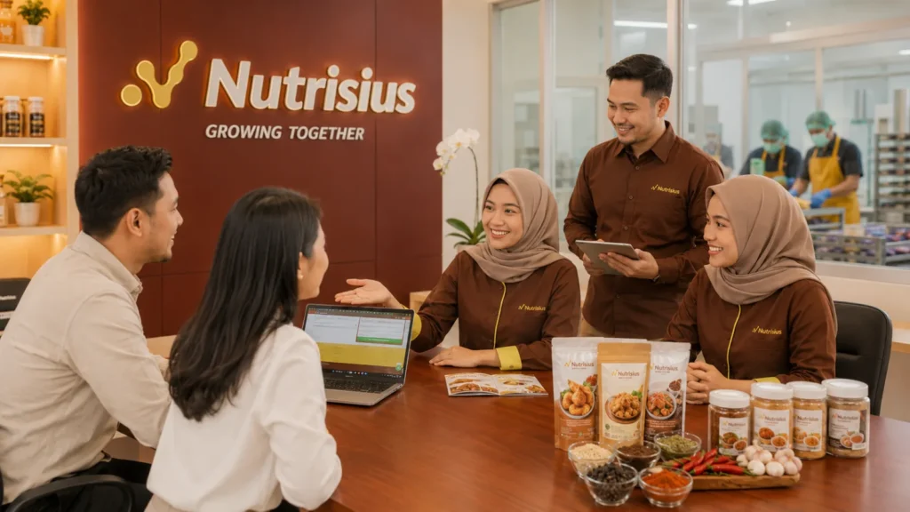 Tim Nutrisius menerima calon klien di ruang konsultasi, dengan contoh kemasan bumbu, rempah, dan katalog produk di meja
