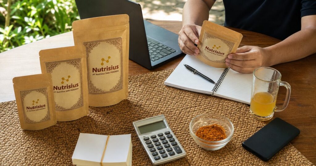 Pemilik UMKM menimbang varian awal bumbu, kemasan pouch, dan rencana penjualan di meja.