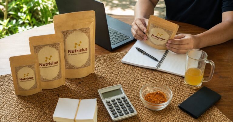 Pemilik UMKM menimbang varian awal bumbu, kemasan pouch, dan rencana penjualan di meja.