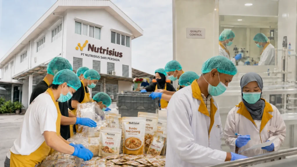 Pabrik maklon bumbu serbuk Nutrisius di Bogor: tim produksi mengemas sachet bumbu nasi goreng dan bumbu ayam, dengan ruang Quality Control di sebelahnya