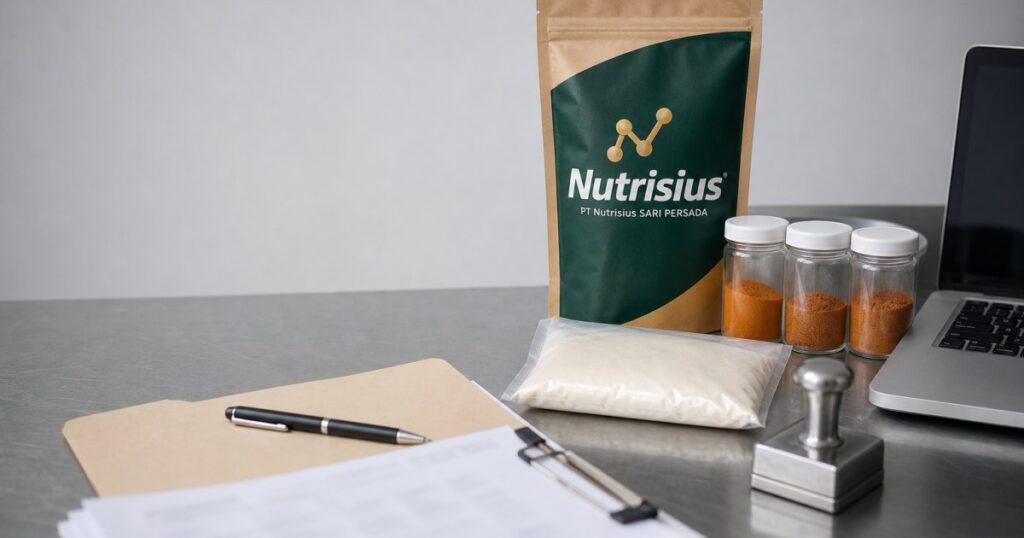 Dokumen proses BPOM MD untuk produk bumbu ditinjau di samping pouch dan sampel bubuk bumbu.