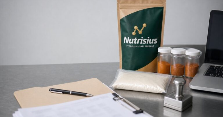 Dokumen proses BPOM MD untuk produk bumbu ditinjau di samping pouch dan sampel bubuk bumbu.