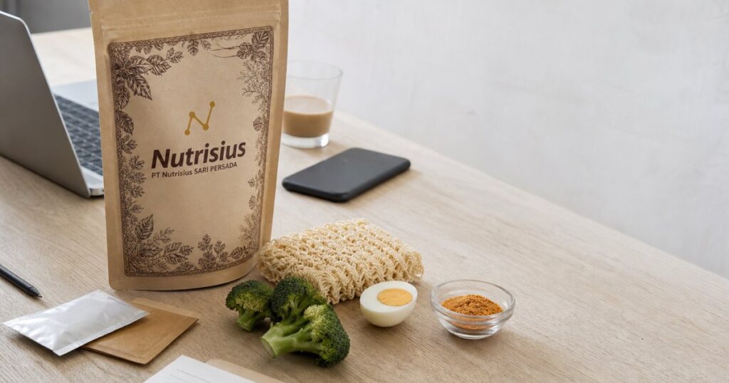 Pouch premix mie instan sehat di meja dengan mie polos, brokoli, telur, dan bumbu.
